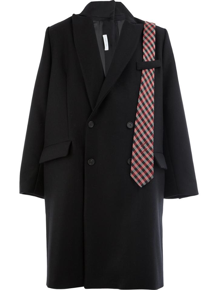 Delada Checked Tie Double Breasted Coat - Black