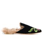 Gia Couture Fur Lined Embellished Slippers - Black