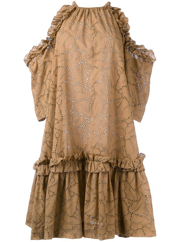 Msgm - Broderie Cold Shoulder Dress - Women - Cotton/polyester - 38, Brown, Cotton/polyester