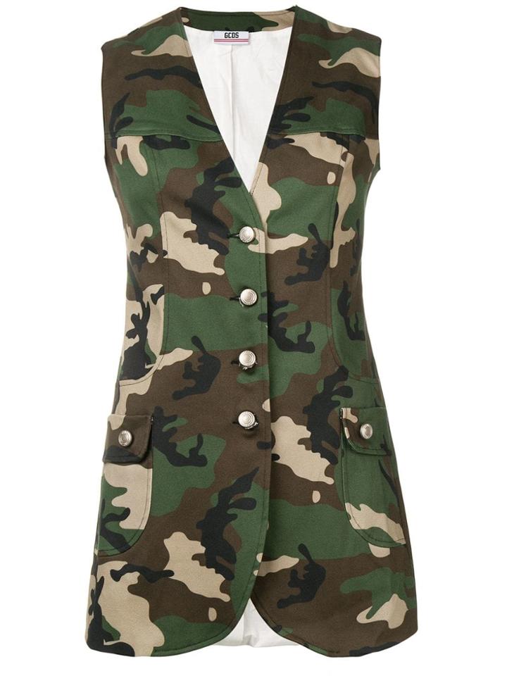 Gcds Camouflage Print Gilet - Green