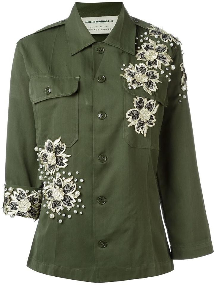 Night Market Flower Appliqué Military Jacket, Women's, Size: S, Green, Cotton
