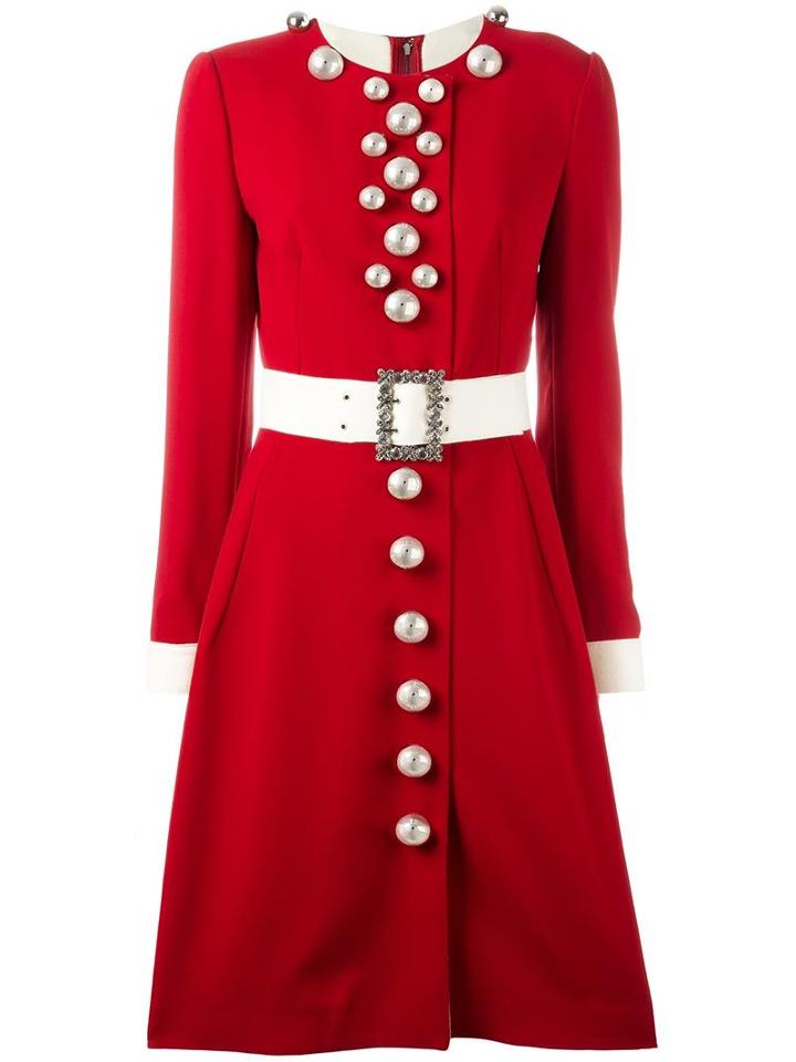 Dolce & Gabbana Belted Buttoned Dress, Women's, Size: 40, Red, Virgin Wool/spandex/elastane/polyamide