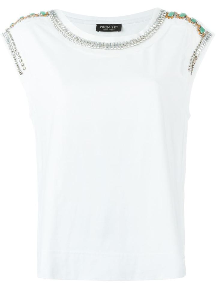 Twin-set Embellished Sleeve Top, Women's, Size: Xxs, White, Cotton/polyester