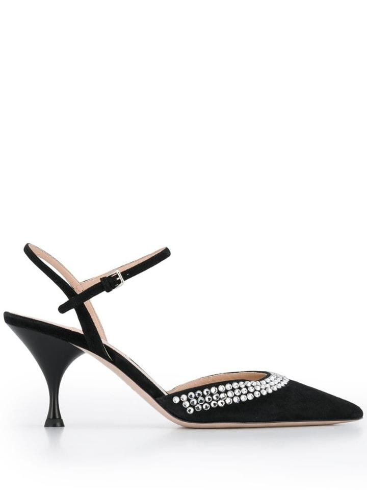 Miu Miu Crystal Embellished Suede Pumps - Black