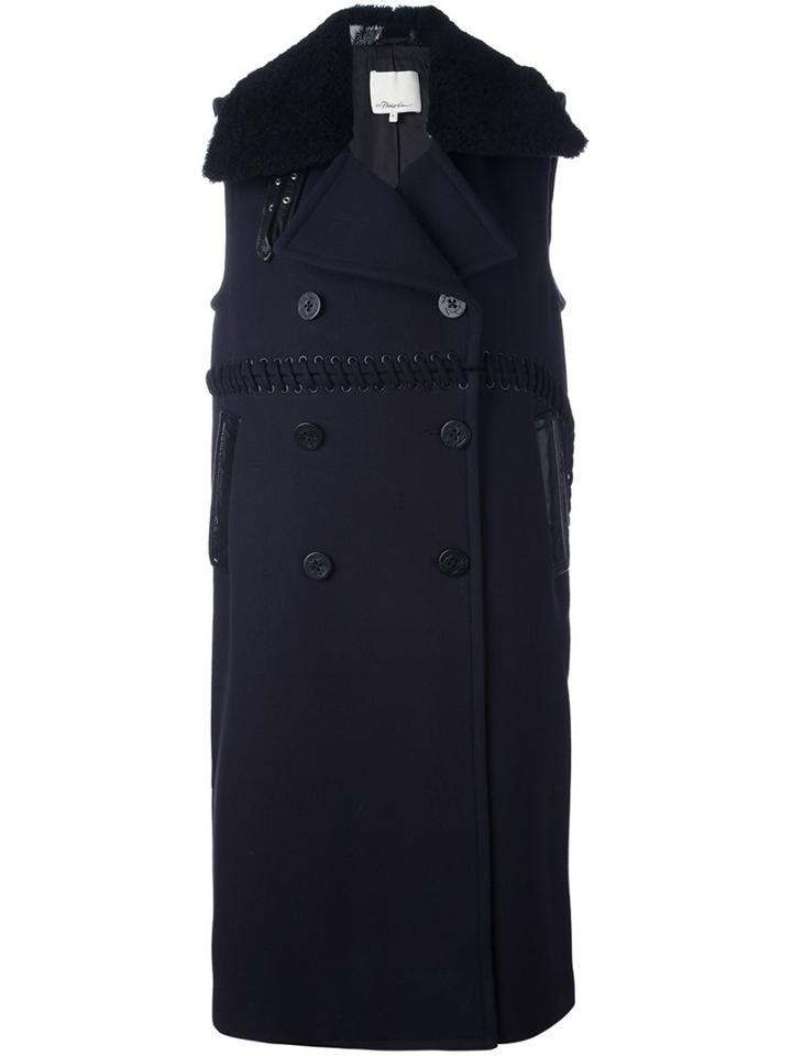 3.1 Phillip Lim Sleeveless Shearling Collar Coat, Women's, Size: 2, Blue, Lamb Skin/polyamide/viscose/virgin Wool