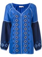Tory Burch Ethnic Embroidery Blouse, Women's, Size: 10, Blue, Silk/polyester