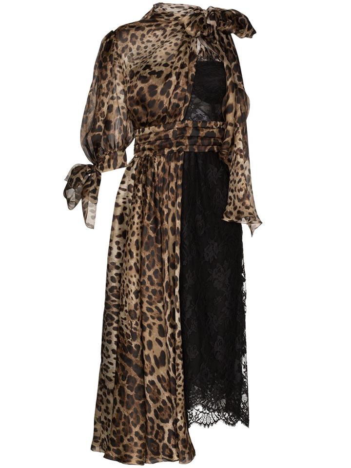 Dolce & Gabbana Dg Drs Dbl Lce Chffn Leo Prnt Asym Midi - Black