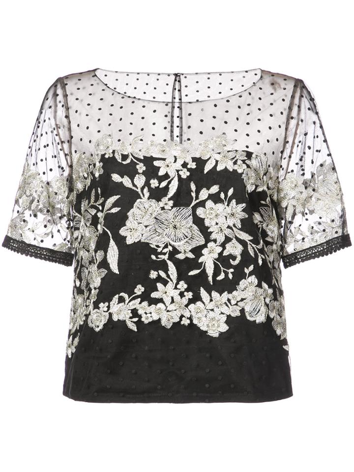 Marchesa Notte Embroidered Tulle Blouse - Black