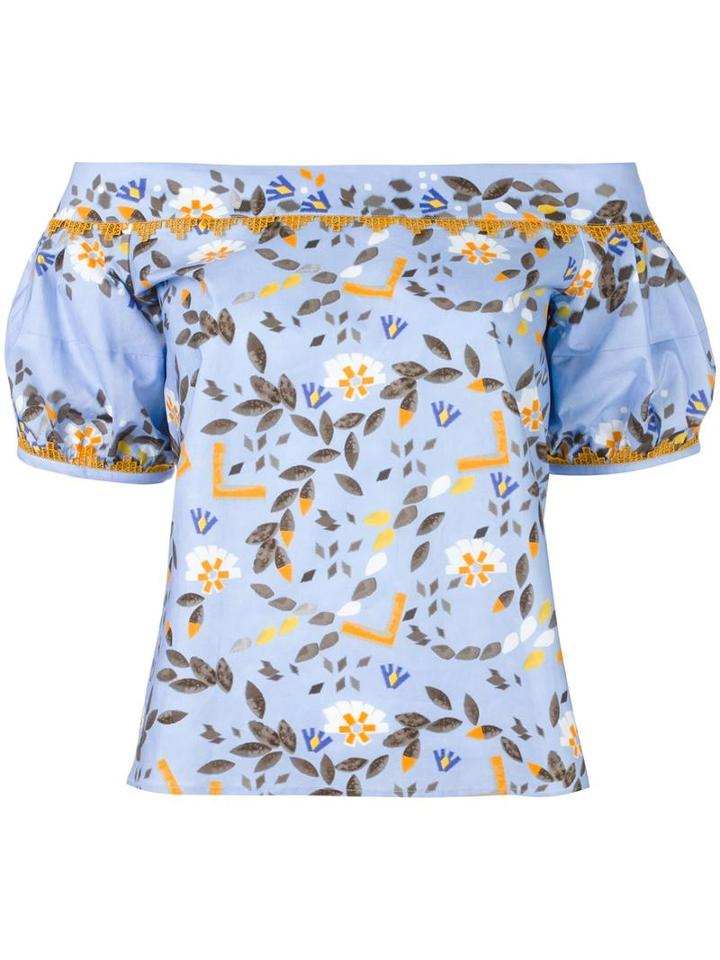 Peter Pilotto Printed Off-the-shoulder Top, Women's, Size: 8, Blue, Cotton/spandex/elastane/polyester