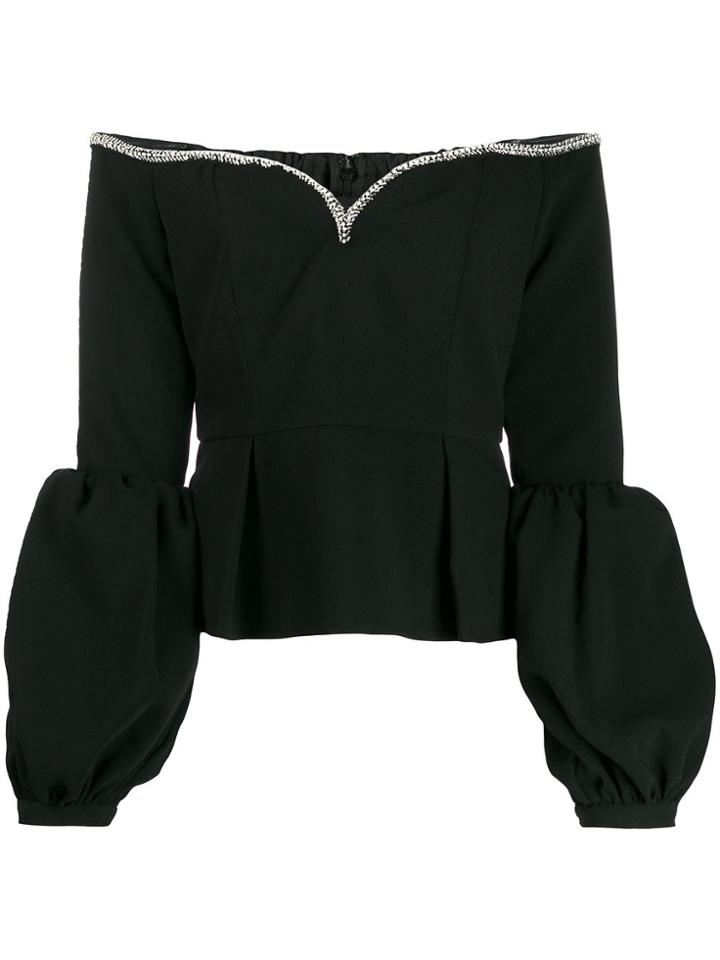 Self-portrait Rhinestone-embellished Puff-sleeves Top - Black