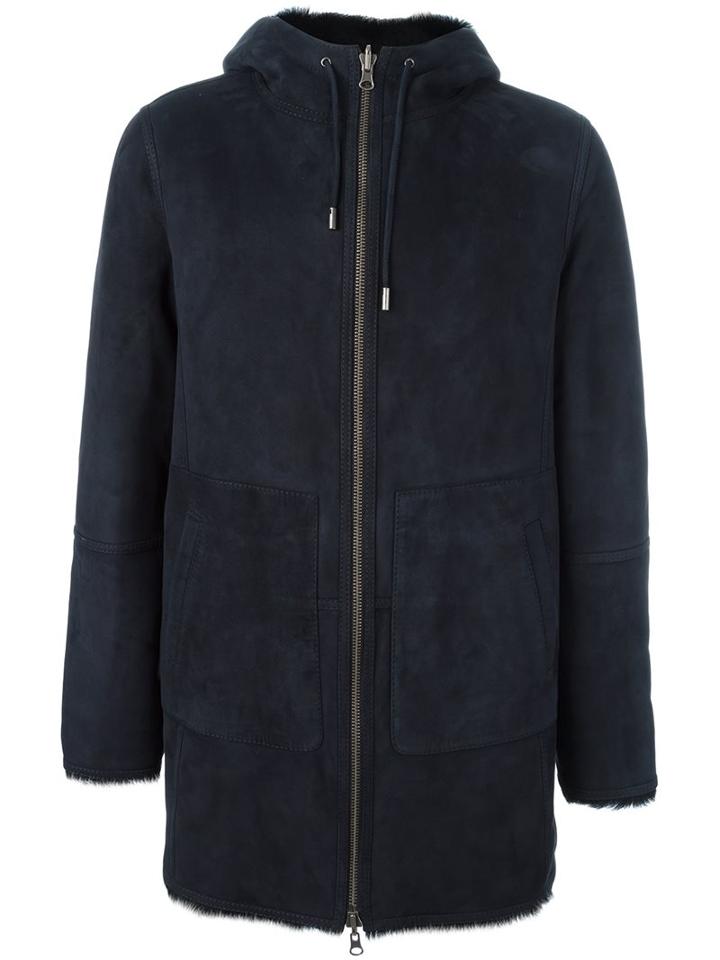 Desa 1972 Hooded Leather Coat, Men's, Size: 50, Blue, Sheep Skin/shearling