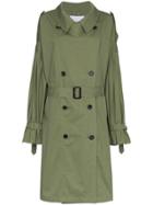 Pushbutton Pleat-detail Arm Belted Cotton Trench - Green
