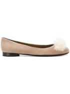 Salvatore Ferragamo Fur Pom Pom Ballerina Flats - Brown