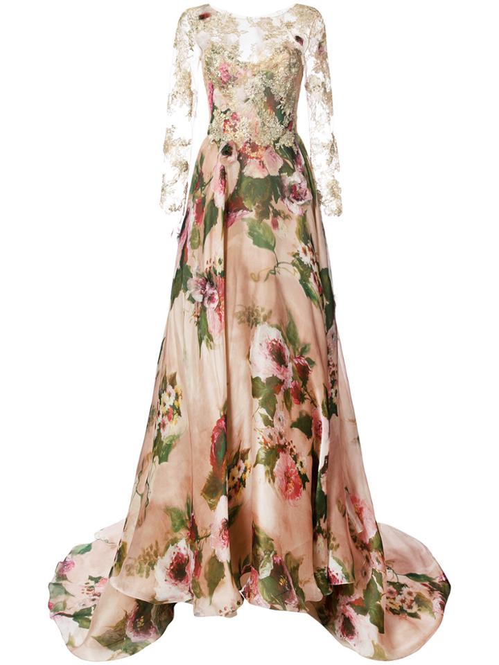 Marchesa Lace Panel Flared Gown - Nude & Neutrals