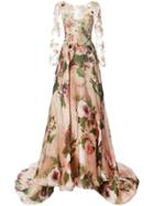 Marchesa Lace Panel Flared Gown - Nude & Neutrals