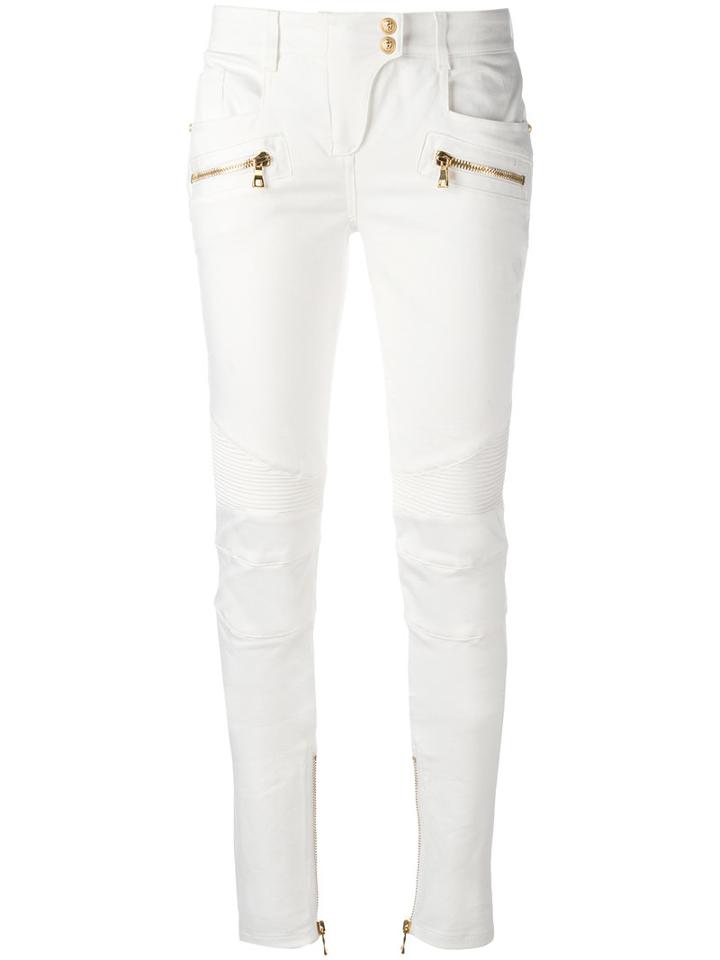Balmain Skinny Biker Trousers, Women's, Size: 38, White, Cotton/polyethylene