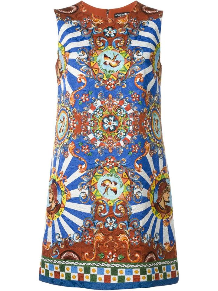 Dolce & Gabbana Carretto Siciliano Print Shift Dress, Women's, Size: 44, Blue, Viscose/cotton/silk/spandex/elastane