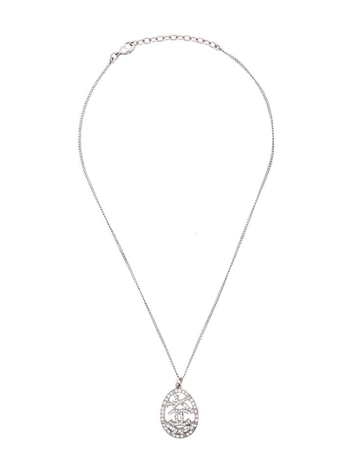 Chanel Vintage Rhinestone Cc Logo Pendant Necklace - Metallic