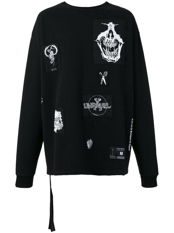 Unravel Project Distressed Patched Sweatshirt, Men's, Size: Large, Black, Cotton