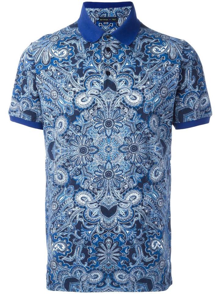 Etro Abstract Print Polo Shirt, Men's, Size: Medium, Blue, Cotton