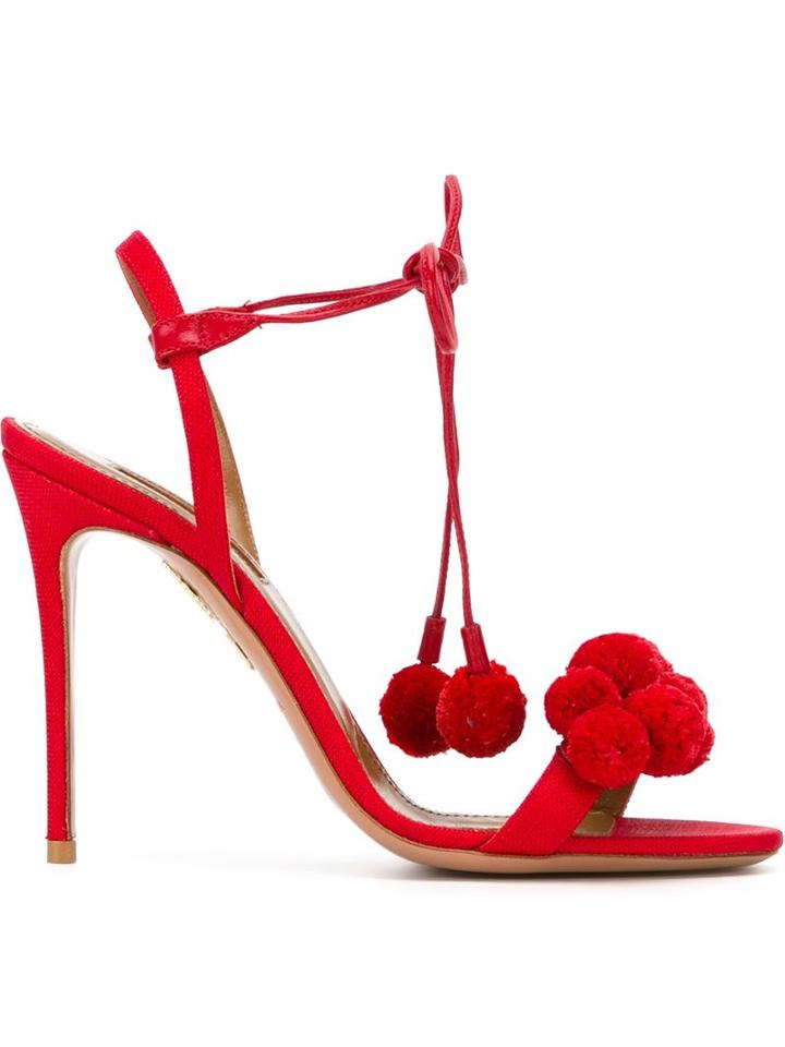 Aquazzura Pon Pon Sandals, Women's, Size: 39.5, Red, Raffia/leather