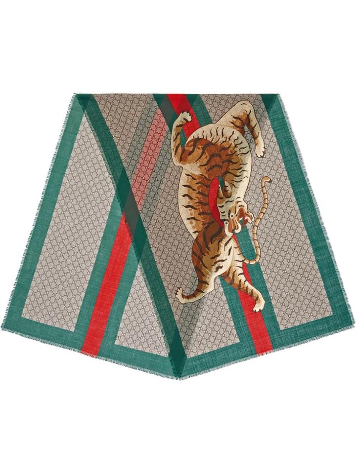 Gucci Tiger Web Print Wool Stole - Neutrals