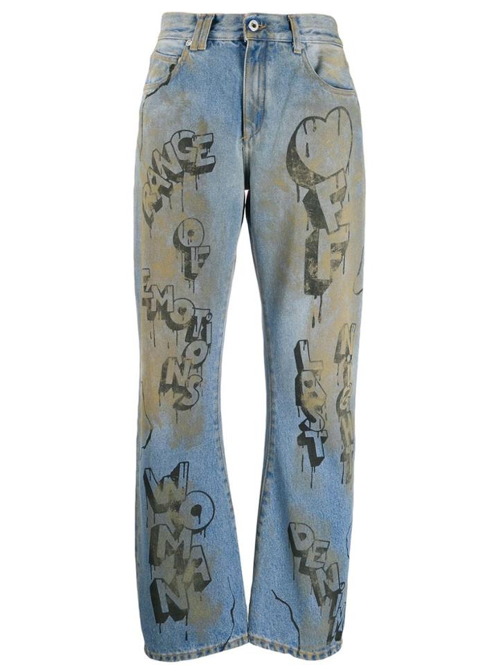 Off-white Graffiti Print Straight Leg Jeans - Blue
