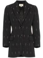 Gucci Pin Stripe Logo Embroidered Wool Silk-blend Blazer - Black