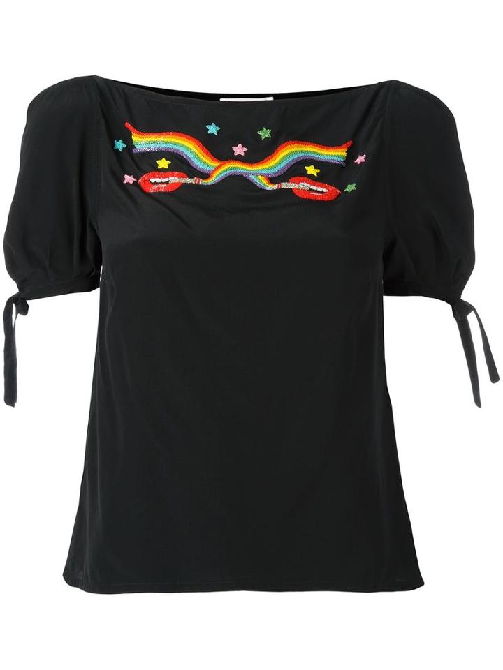 Olympia Le-tan Smoking Lips Beaded Blouse, Women's, Size: 40, Black, Silk/pvc