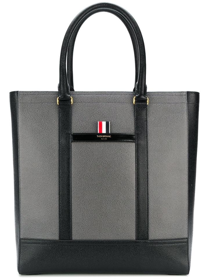 Thom Browne Color-blocked Leather Tote Bag - Black
