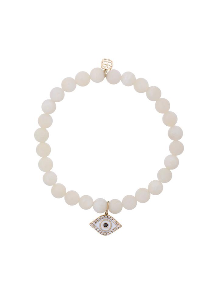 Sydney Evan White Moonstone Beaded Bracelet With White Enamel Evil Eye
