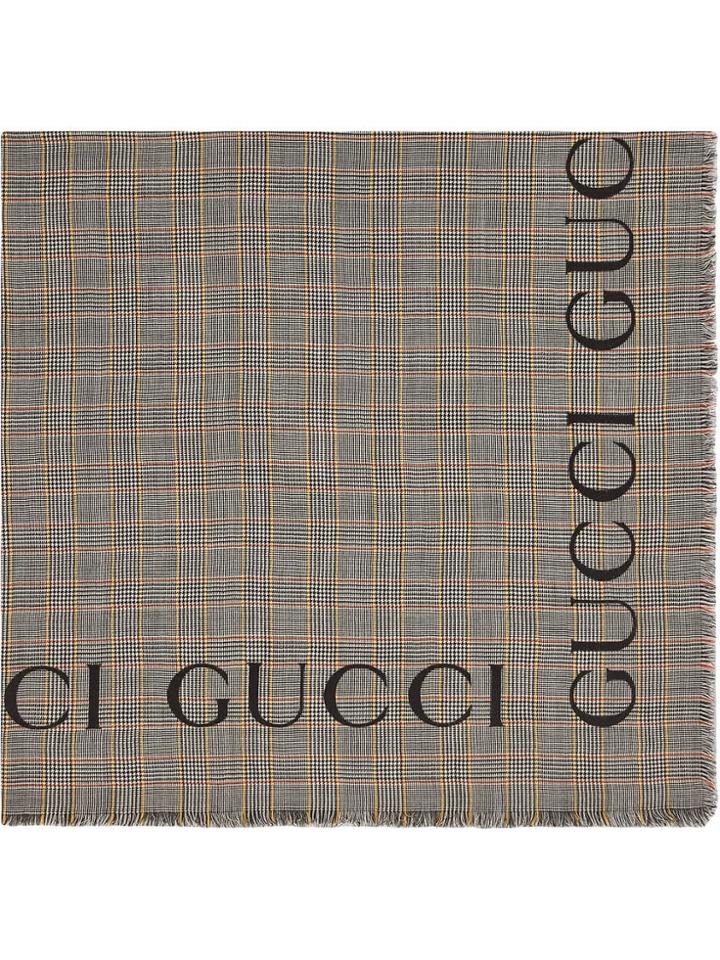 Gucci Check Wool Shawl With Gucci Logo - Grey