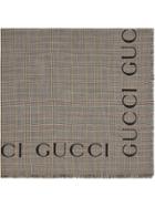 Gucci Check Wool Shawl With Gucci Logo - Grey