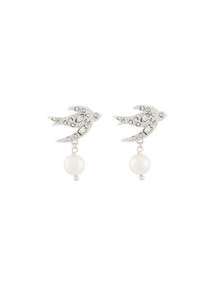 Miu Miu Crystal And Faux Pearl Embellished Swallow Earrings - Metallic