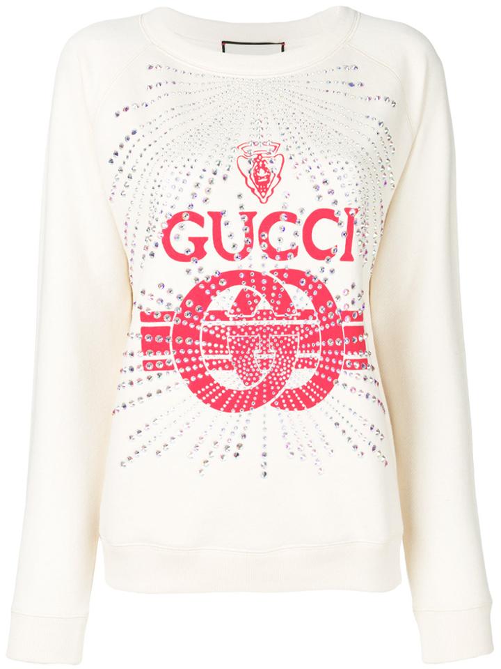 Gucci Embellished Logo Print Sweatshirt - Nude & Neutrals