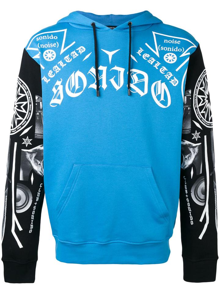 Marcelo Burlon County Of Milan Gothic Print Hoodie, Men's, Size: Medium, Blue, Cotton