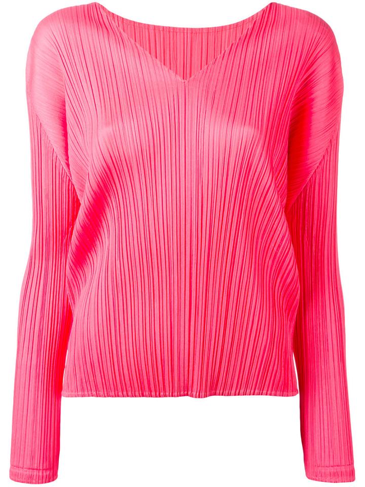 Pleats Please By Issey Miyake Pleated V-neck Top, Women's, Size: 4, Pink/purple, Polyester