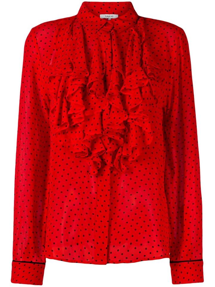 Ganni Ruffle Detail Polka Dot Blouse - Red
