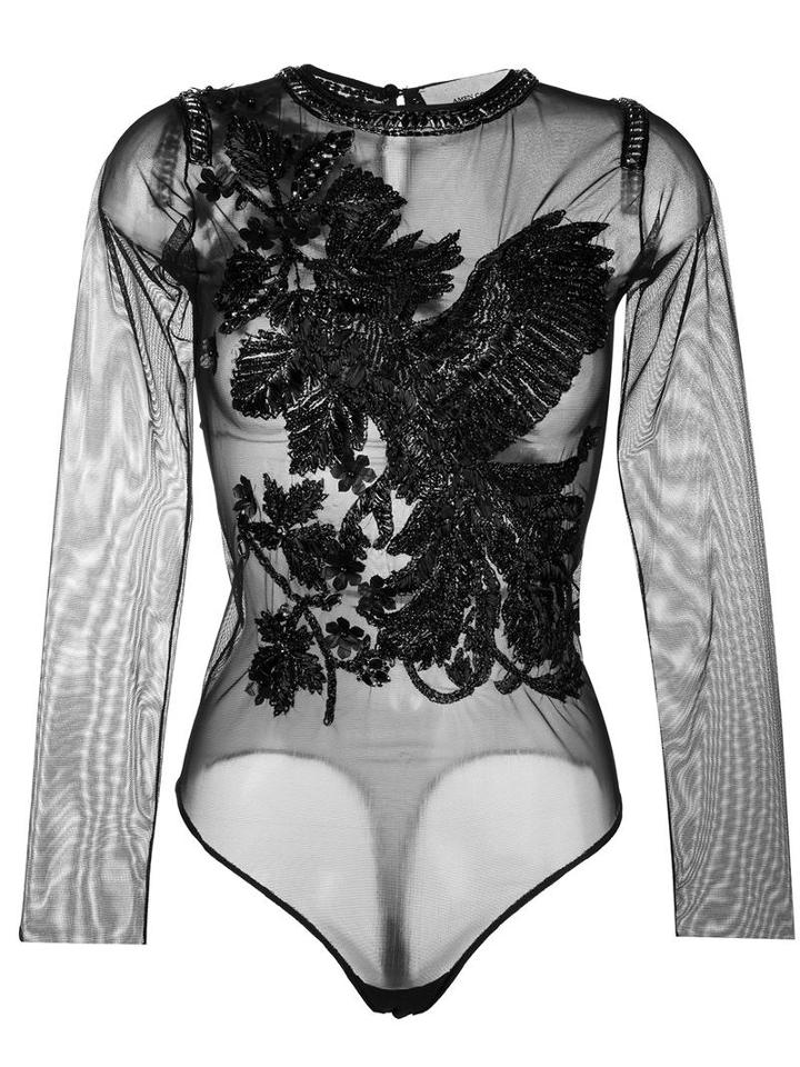 Amen Floral Applique Bodysuit, Women's, Size: 38, Black, Polyamide/polyester/spandex/elastane/glass