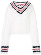 Thom Browne Hand Knitted Cable V-neck Pullover With Cricket Stripe In
