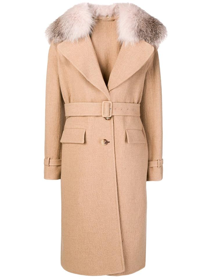 Ermanno Scervino Belted Fur Collar Coat - Nude & Neutrals