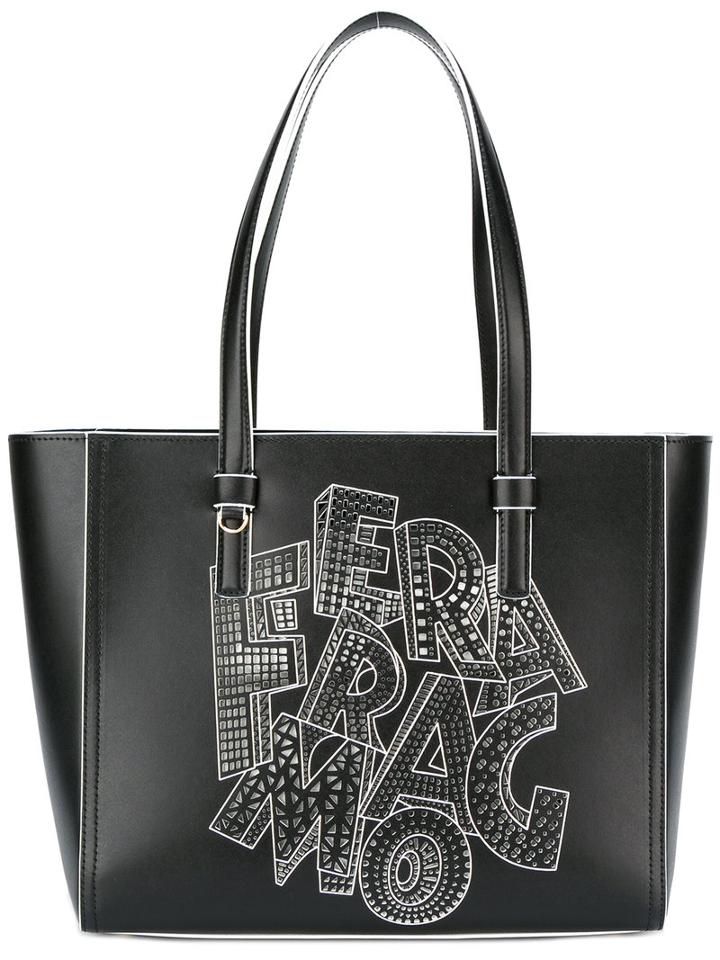 Salvatore Ferragamo Printed Tote Bag, Women's, Black, Leather