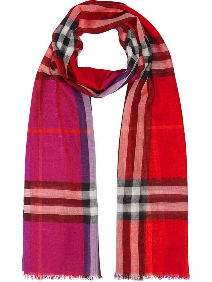 Burberry Colour Block Check Wool Silk Scarf - Pink & Purple