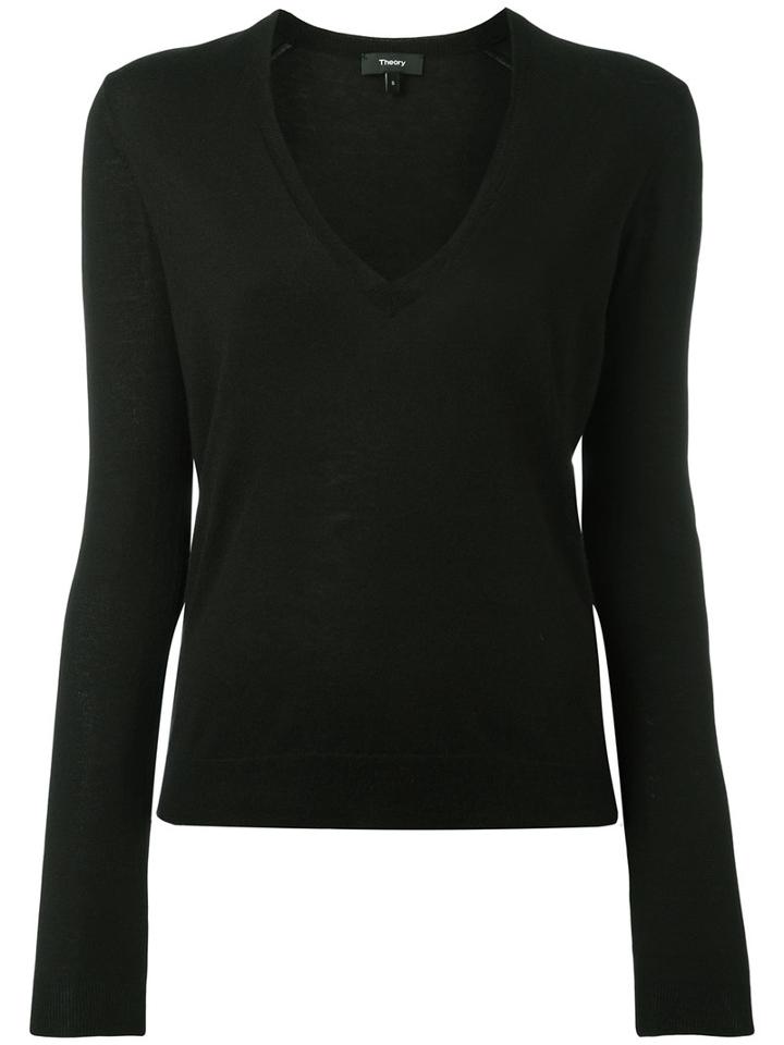 Theory V-neck Long Sleeve Knit Top, Women's, Size: Medium, Black, Silk/nylon/cashmere