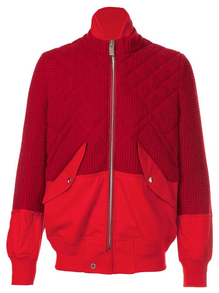 Sacai Frayed Edge Bomber, Men's, Size: 2, Red, Wool