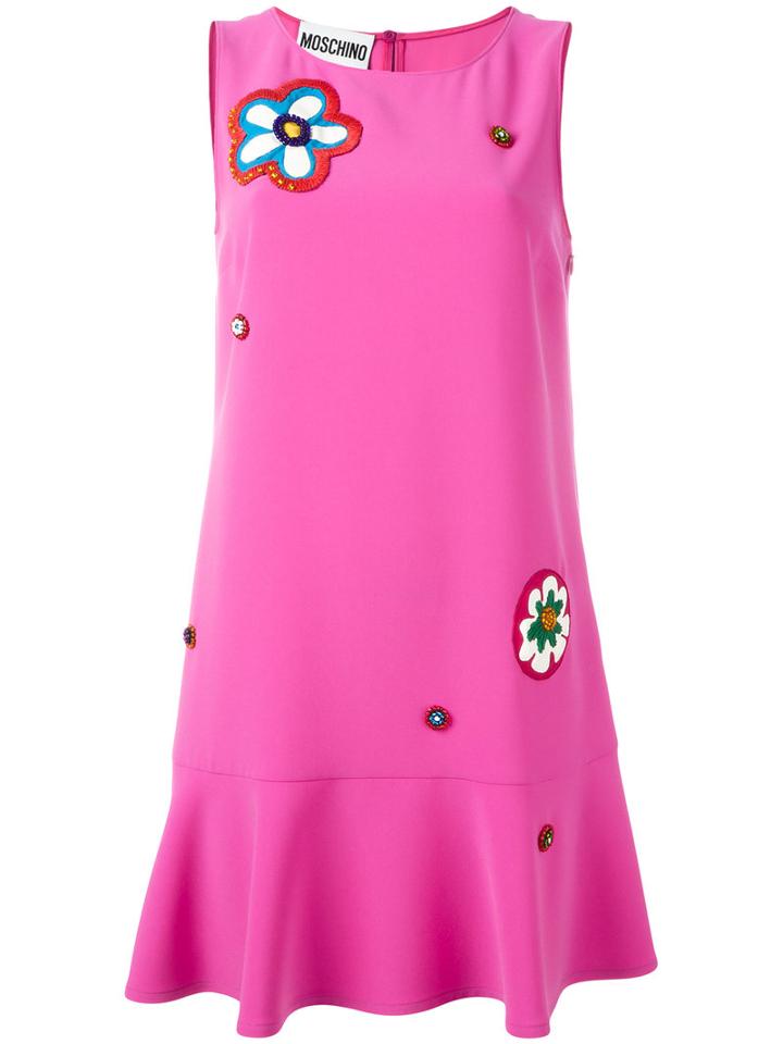 Moschino - Floral Appliqué Dress - Women - Polyester/triacetate - 40, Women's, Pink/purple, Polyester/triacetate