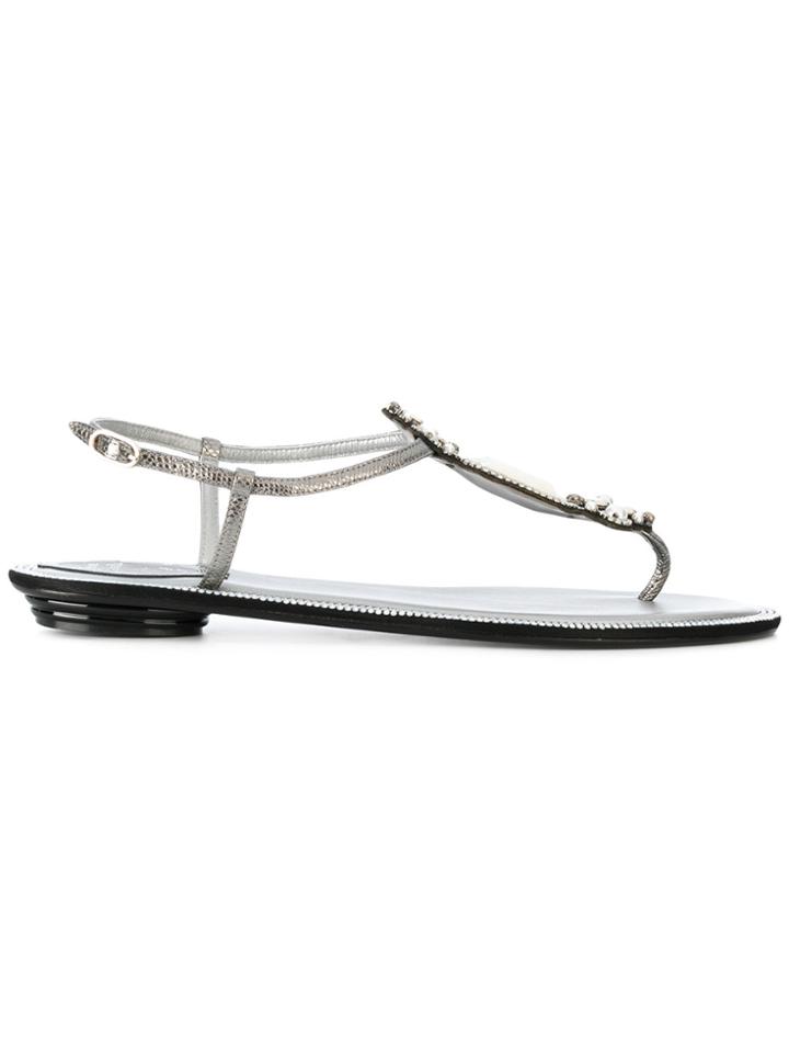 René Caovilla Embellished Flat Sandals - Metallic
