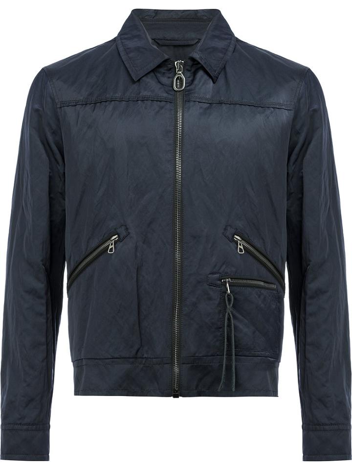 Lanvin Creased Effect Bomber Jacket, Men's, Size: 50, Blue, Cotton/calf Leather/metal