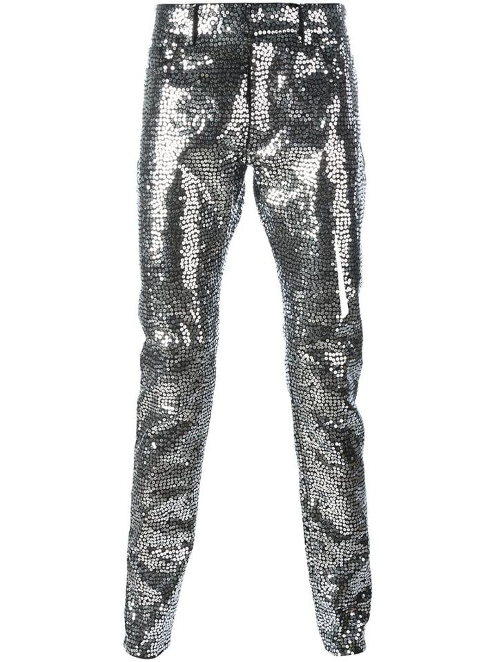 Saint Laurent Sequin Embellished Slim Fit Trousers, Men's, Size: 32, Grey, Cotton/spandex/elastane/polyester