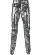 Saint Laurent Sequin Embellished Slim Fit Trousers, Men's, Size: 32, Grey, Cotton/spandex/elastane/polyester